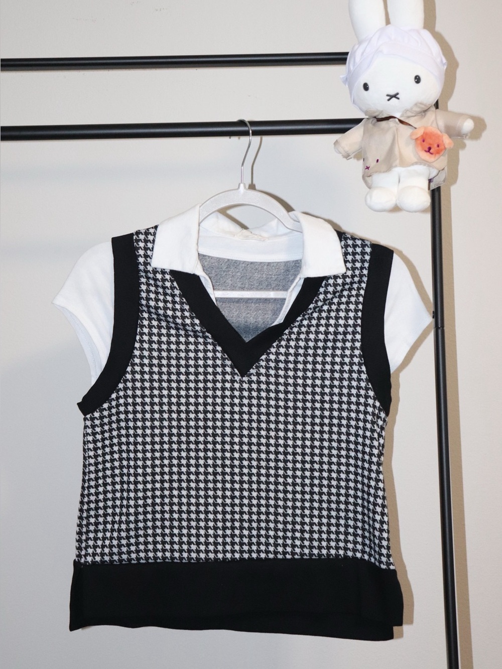 Meraki Black & White Houndstooth Layered Polo Vest Top